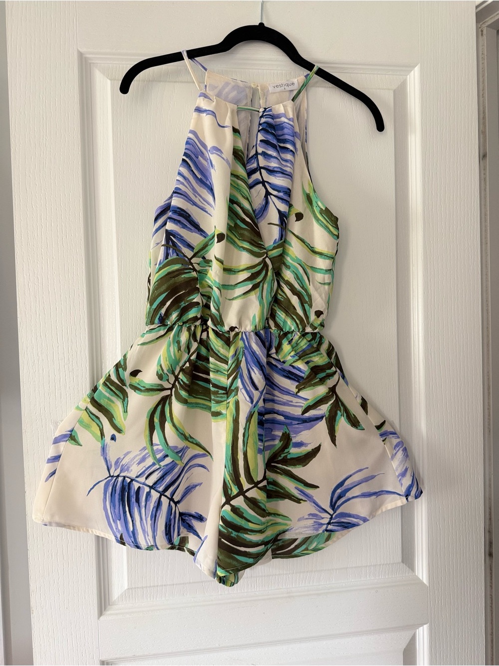 Women’s Cream Halter Romper with Blue & Green Leaf Print